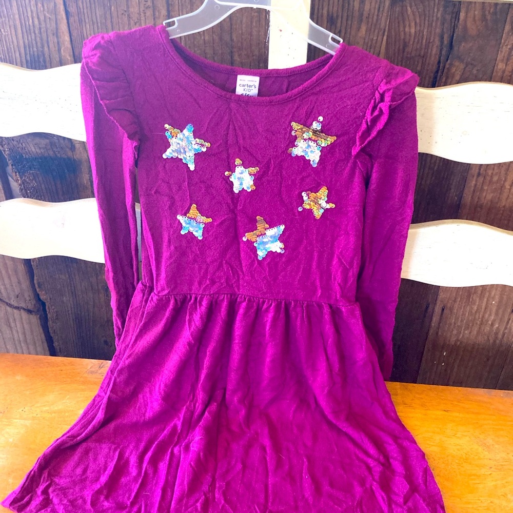 Carters kids girls long sleeve purple dress with flip sequence stars size :6/6X